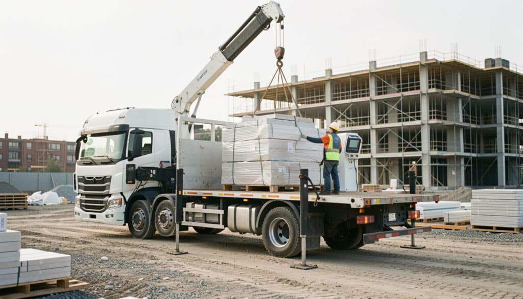 Location d’un camion plateau avec grue sur chantier