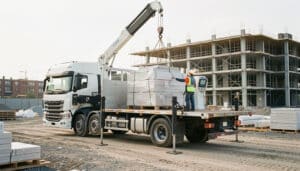Location d’un camion plateau avec grue sur chantier
